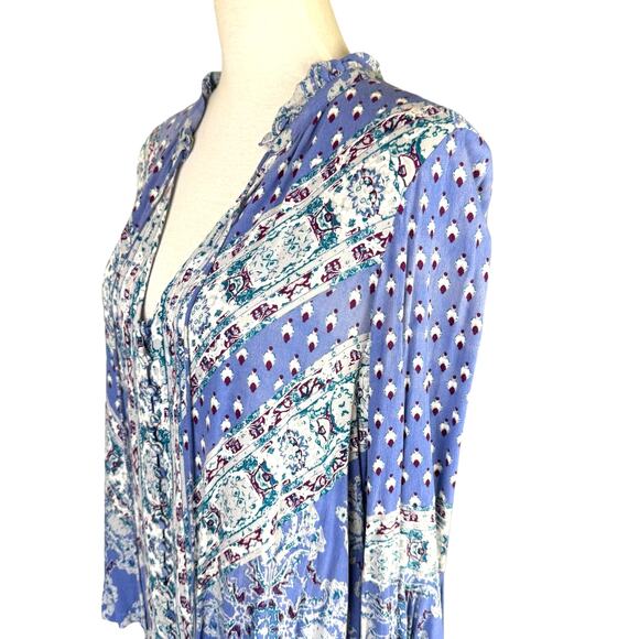 Free People Magic Mystery Sky Blue Print Long Flare Sleeve Boho Top - Picture 5 of 11